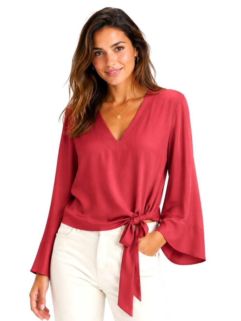 Free People Red V-Neck Bell Sleeve Tie Waist Top